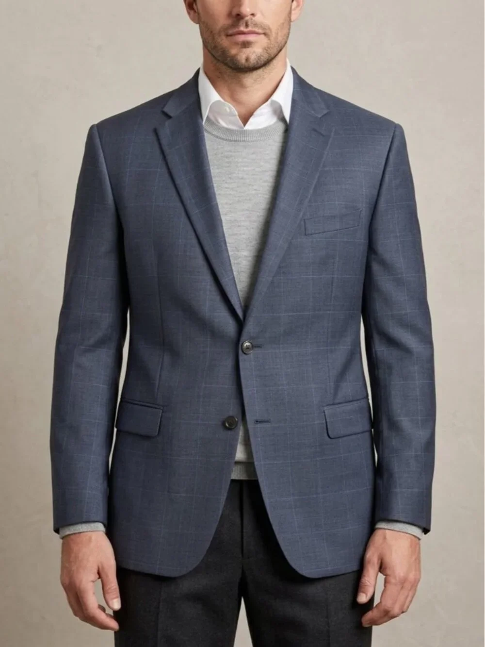 Ralph Lauren Lightweight Wool Blazer Size 46 Long Blue Windowpane Grid